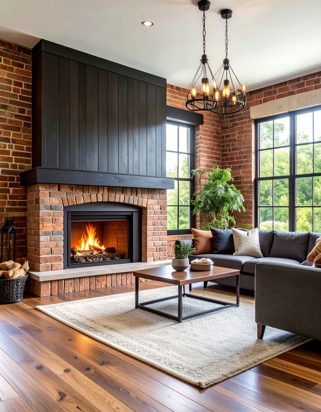 Black Shiplap Fireplace with Exposed Brick Accent Wall - 25 Black Shiplap Fireplace Ideas