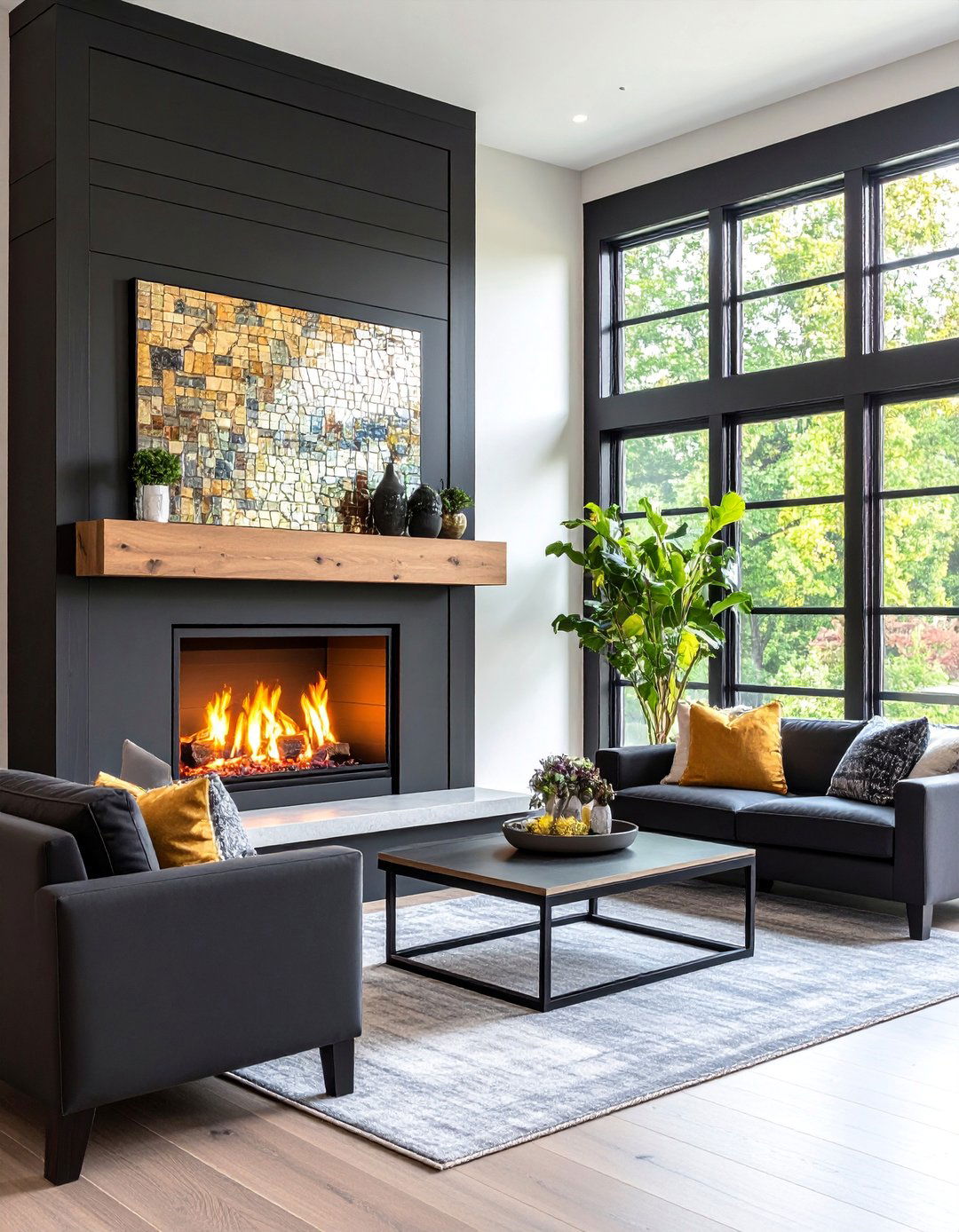 Black Shiplap Fireplace with Glass Tile Mosaic Surround - 25 Black Shiplap Fireplace Ideas