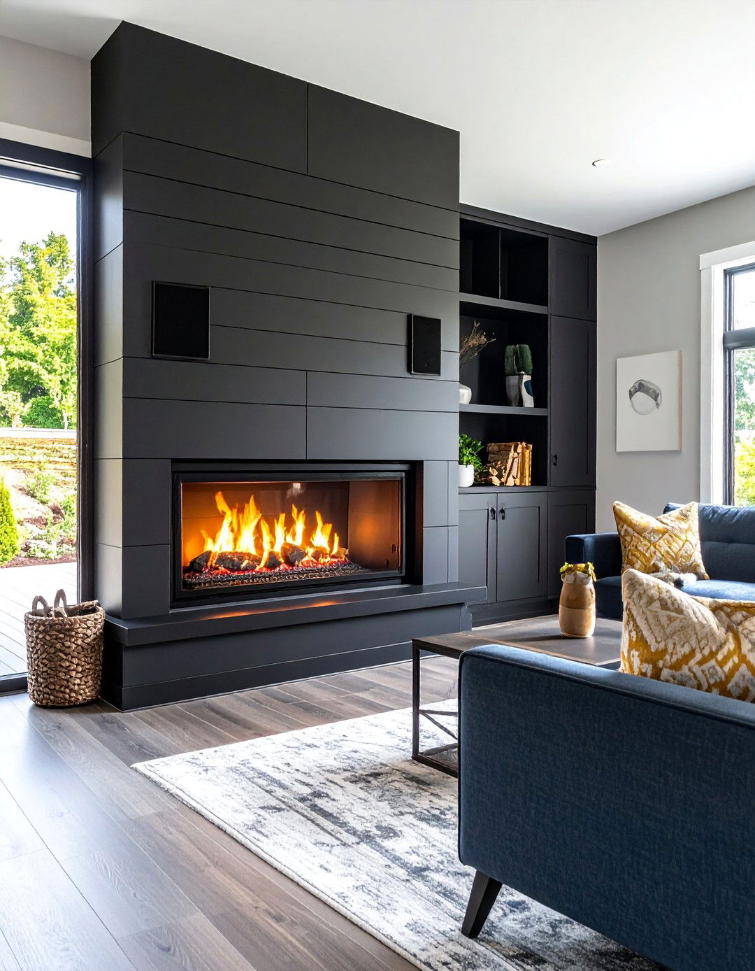 Black Shiplap Fireplace with Integrated Sound System - 25 Black Shiplap Fireplace Ideas