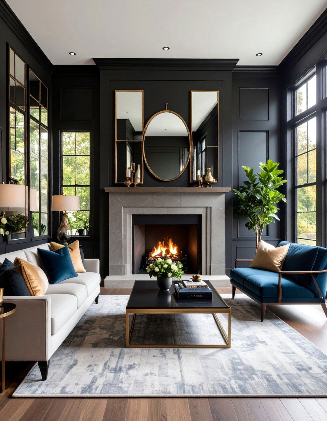 Black Shiplap Fireplace with Mirror Gallery Wall - 25 Black Shiplap Fireplace Ideas