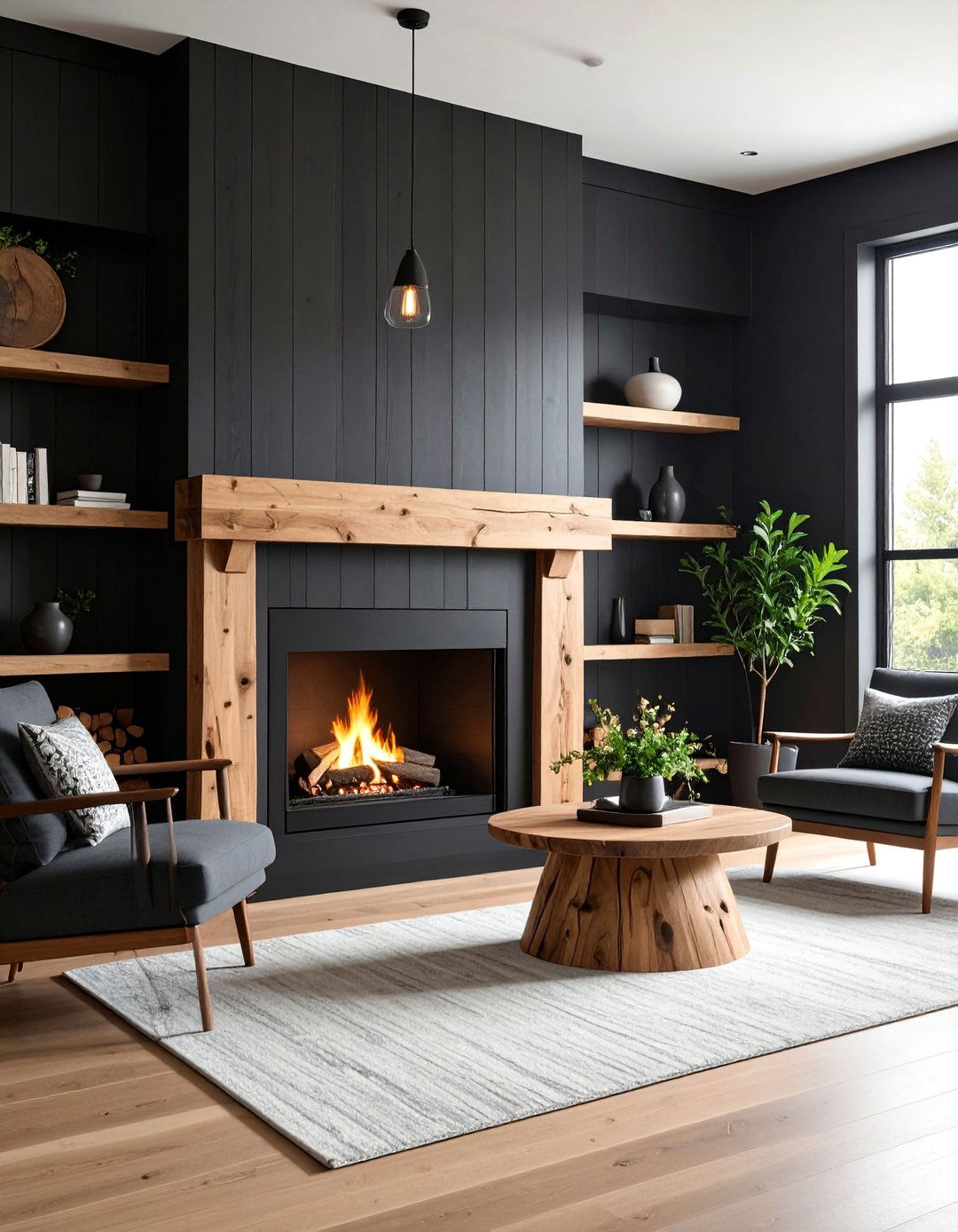 Black Shiplap Fireplace with Natural Edge Wood Mantel - 25 Black Shiplap Fireplace Ideas