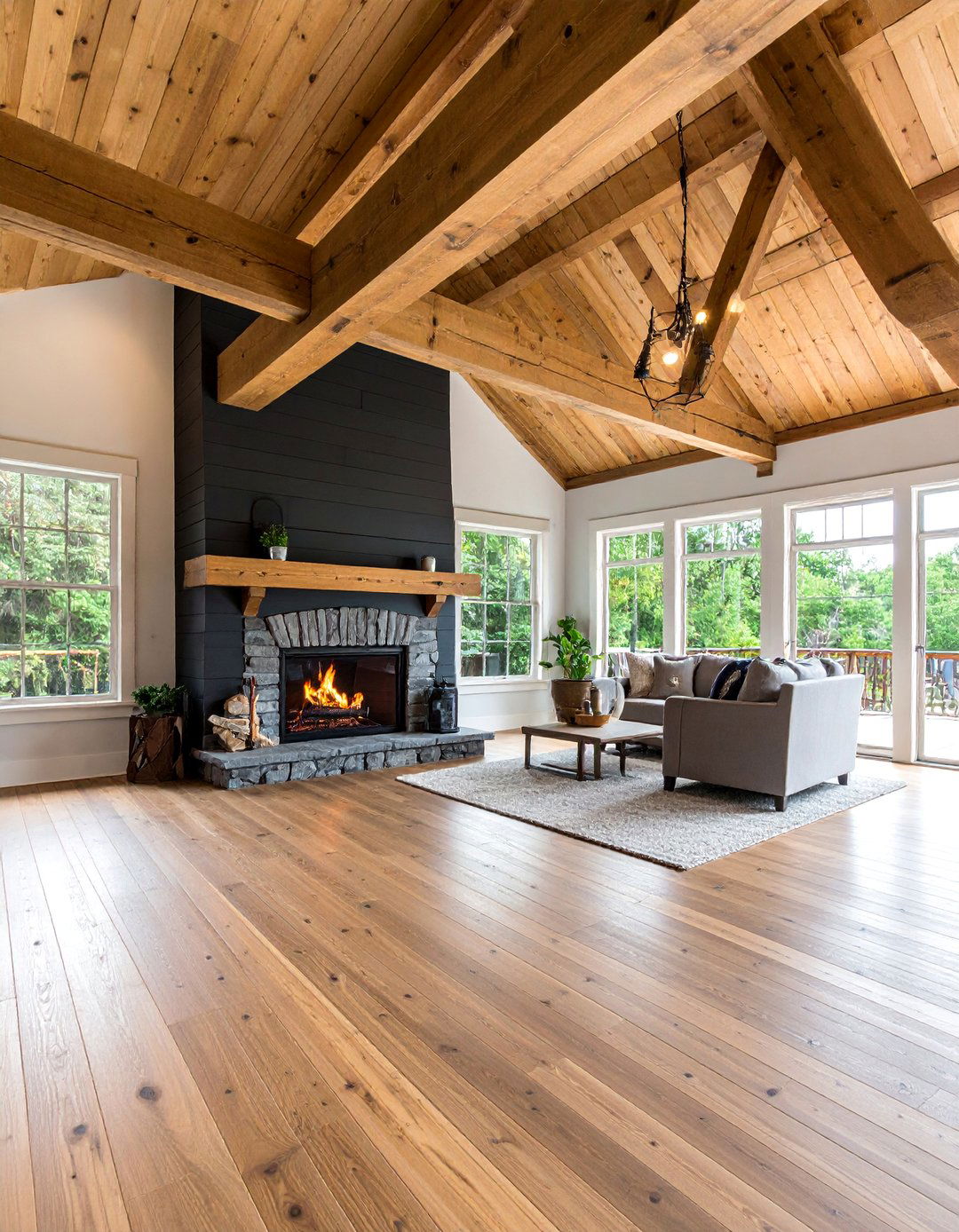 Black Shiplap Fireplace with Rustic Wood Beam Ceiling - 25 Black Shiplap Fireplace Ideas