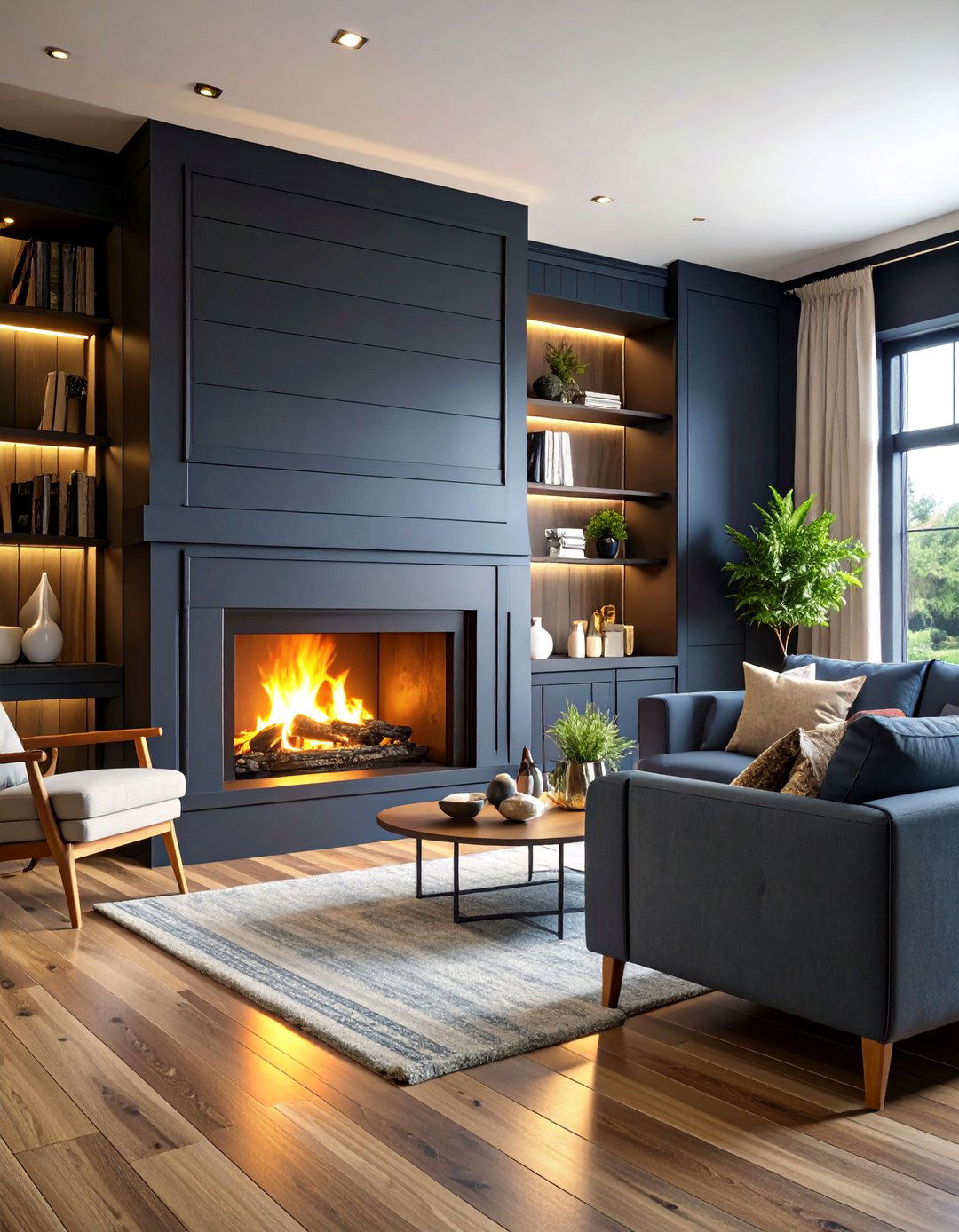 Black Shiplap Fireplace with Seasonal Display Alcoves - 25 Black Shiplap Fireplace Ideas