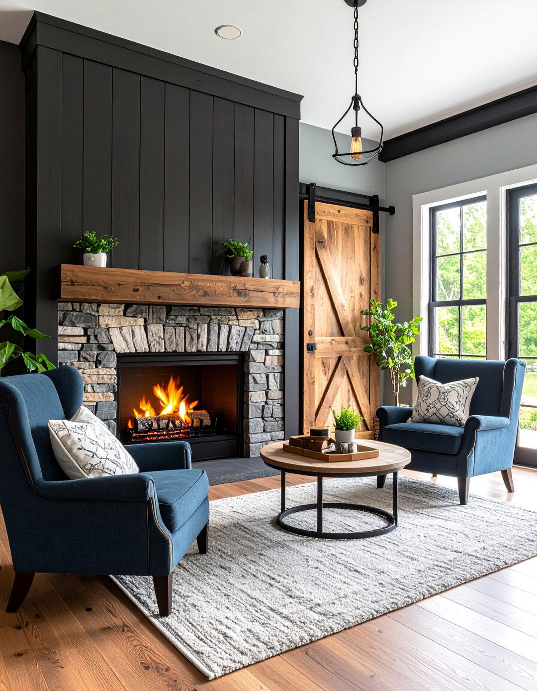 Black Shiplap Fireplace with Sliding Barn Door Storage - 25 Black Shiplap Fireplace Ideas
