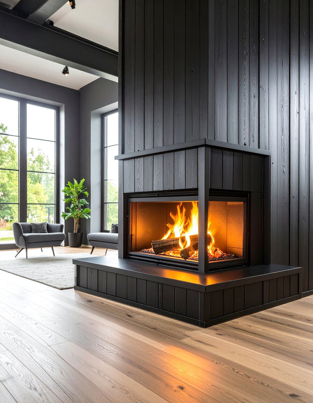 Black Shiplap Fireplace with Steel Frame Construction - 25 Black Shiplap Fireplace Ideas