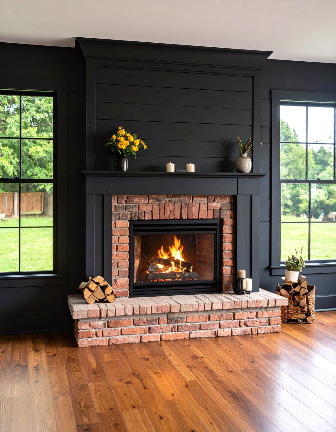Black Shiplap Fireplace with Vintage Brick Foundation - 25 Black Shiplap Fireplace Ideas