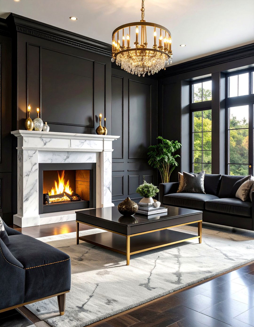 Black Shiplap Fireplace with White Marble Surround - 25 Black Shiplap Fireplace Ideas