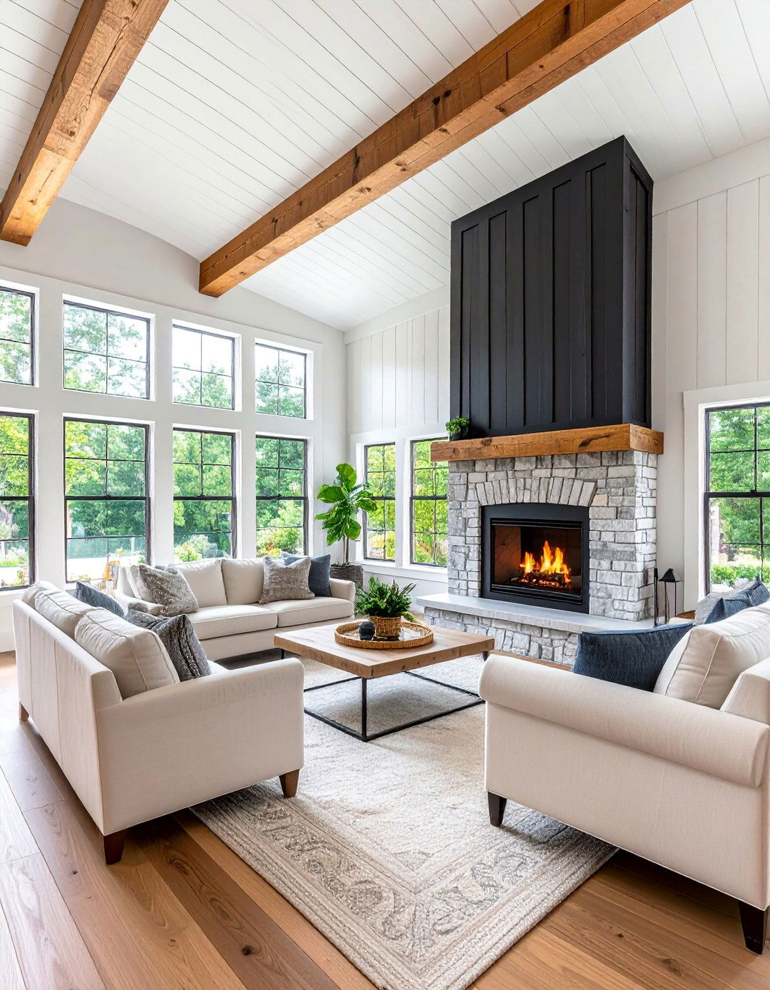 Black Shiplap Two Story Fireplace with Wood Mantel - 25 Two-story Fireplace Ideas
