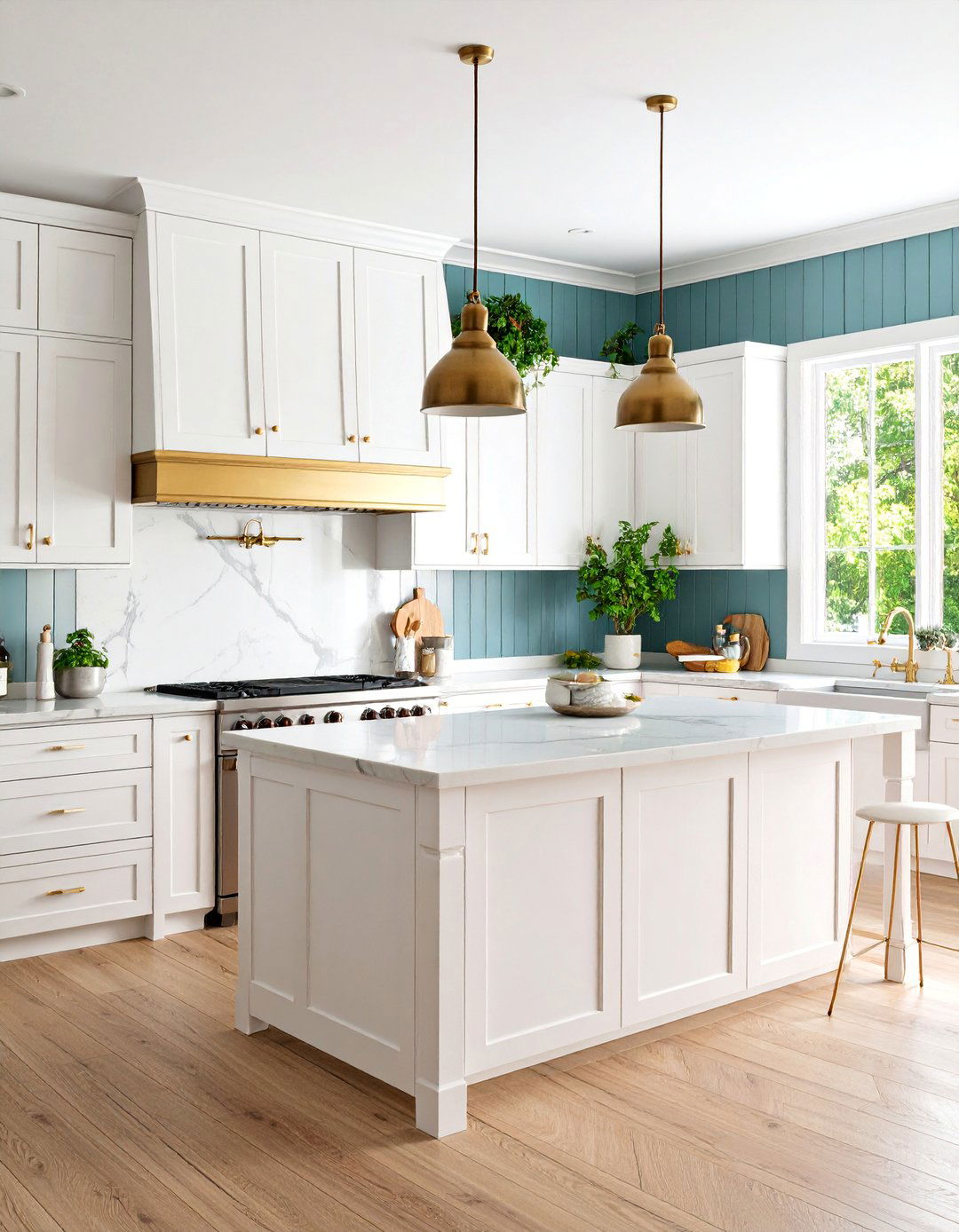 Black Shiplap with Brass Hardware and Marble Countertops - 25 Shiplap Backsplash Ideas for Your Kitchen