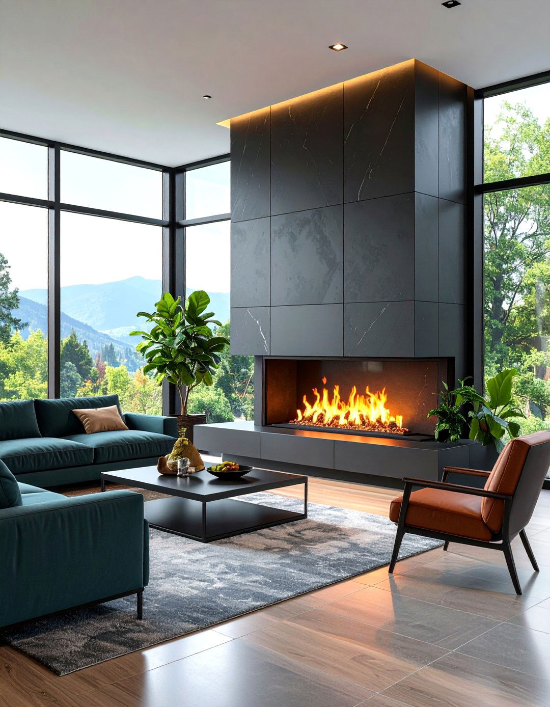 Black Slate Fireplace with Steel Accent Details - 25 Floor to Ceiling Stone Fireplace Ideas