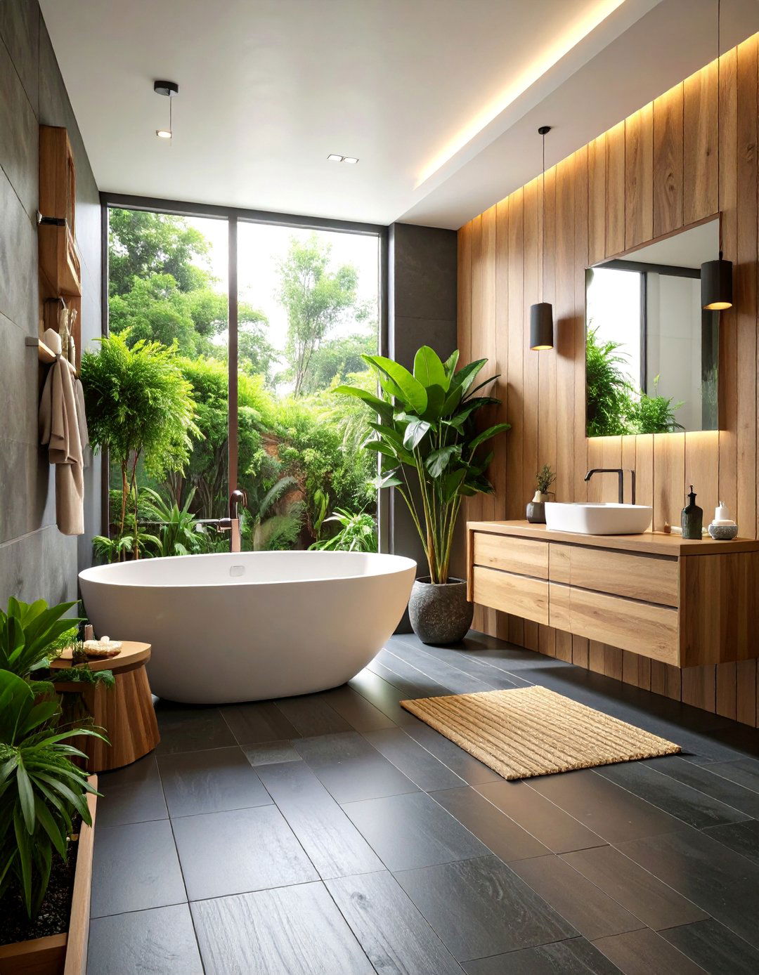 Black Slate Natural Texture Spa Floor - 25 Black Floor Bathroom Ideas