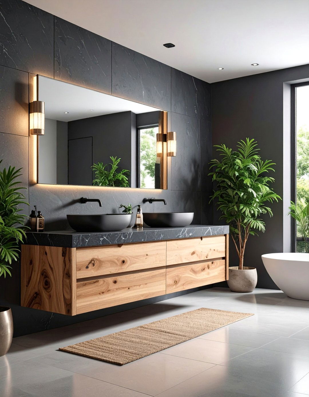 Black Slate and Live Edge Wood Modern Bathroom - 25 Earthy Bathroom Ideas