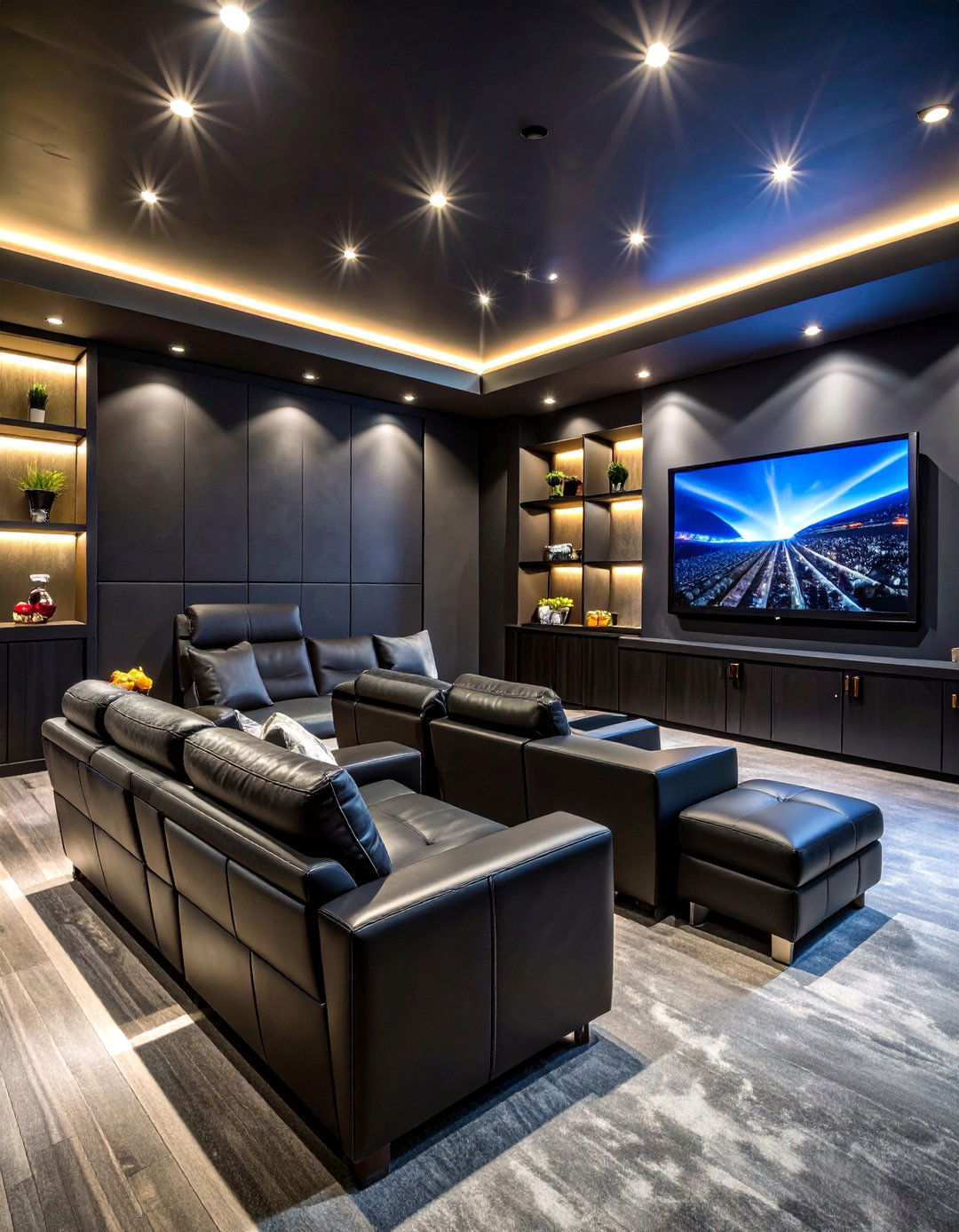 Black Sports Theater Cave - 25 Black Man Cave Ideas