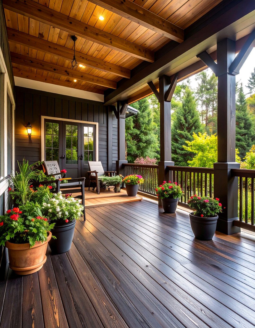 Black Stained Wood Porch with Natural Elements - 25 Black Porch Ideas