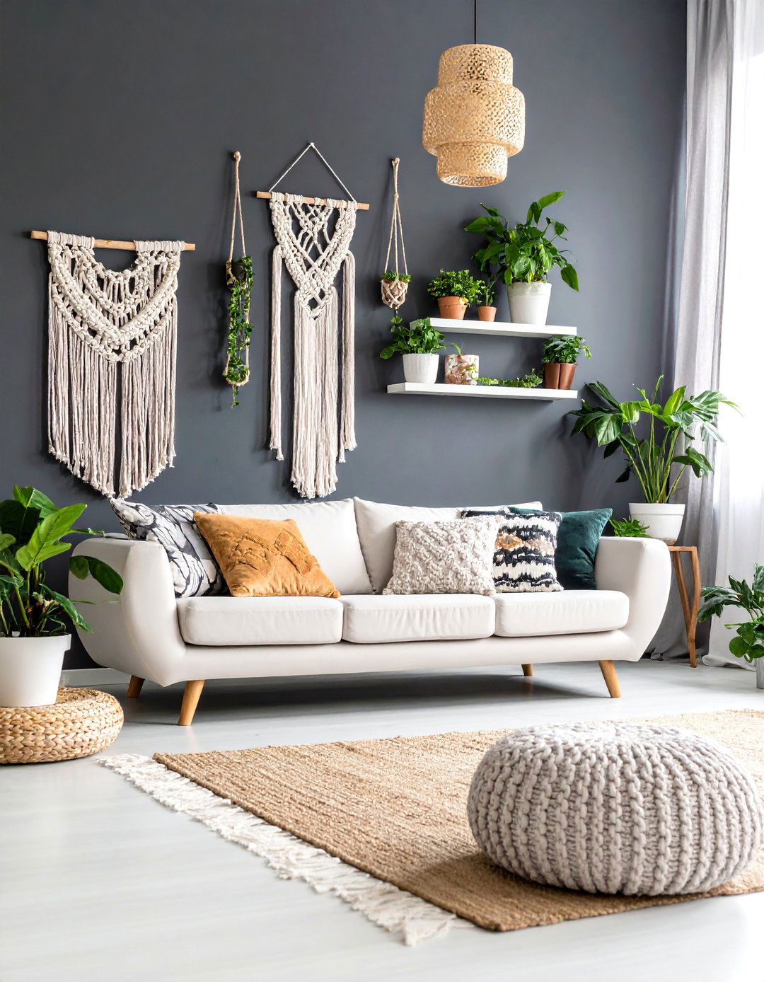 Black Statement Wall with White Furnishings - 25 Black and White Boho Living Room Ideas