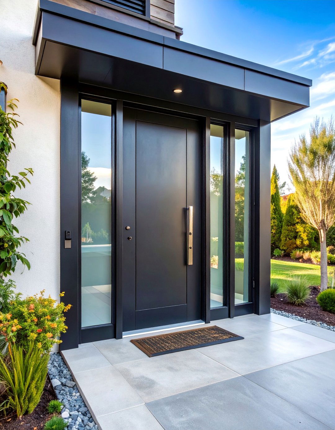 Black Steel Door with Frosted Glass Side Panels - 25 Black Front Door Ideas
