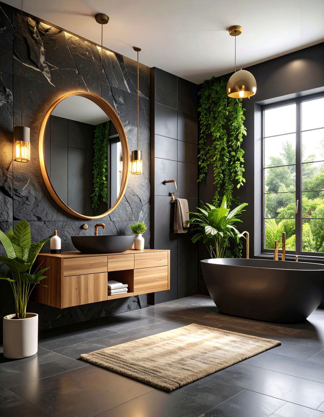 Black Stone Feature Wall Natural Design - 25 black powder room ideas