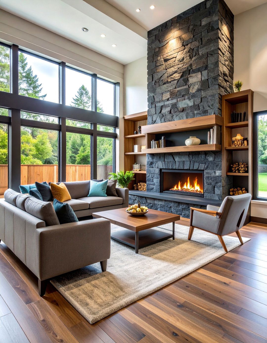 Black Stone Fireplace with Built in Storage - 25 Black Stone Fireplace Ideas