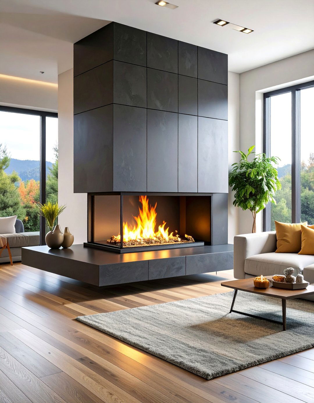Black Stone Fireplace with Floating Hearth - 25 Black Stone Fireplace Ideas
