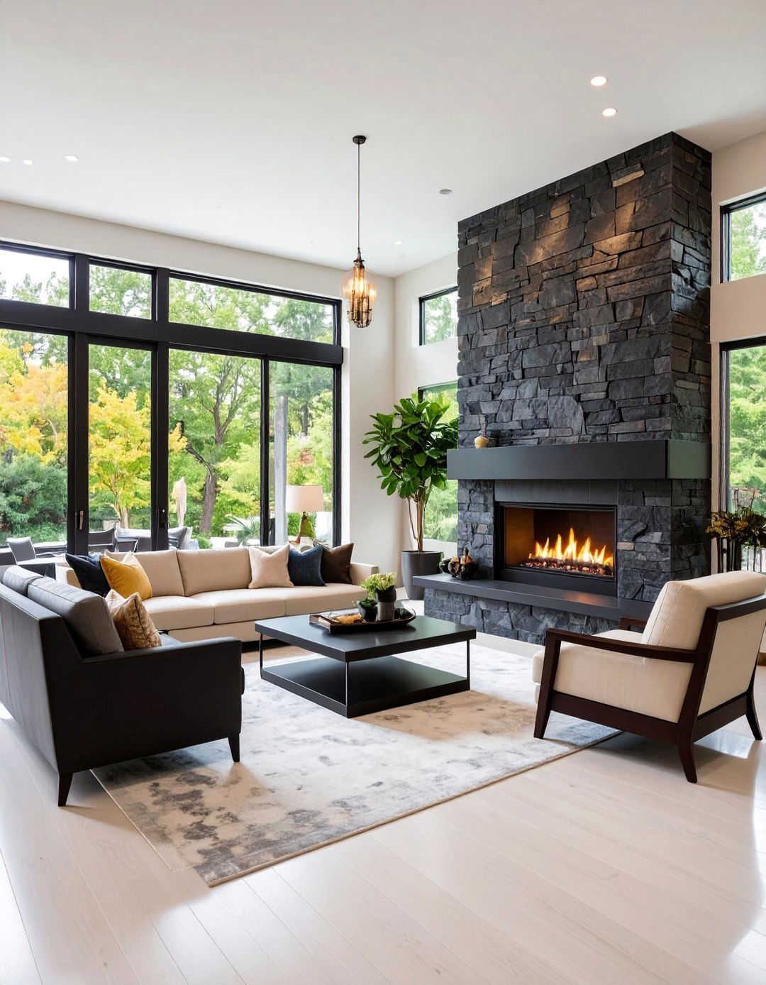 Black Stone Fireplace with Mixed Textures - 25 Black Stone Fireplace Ideas