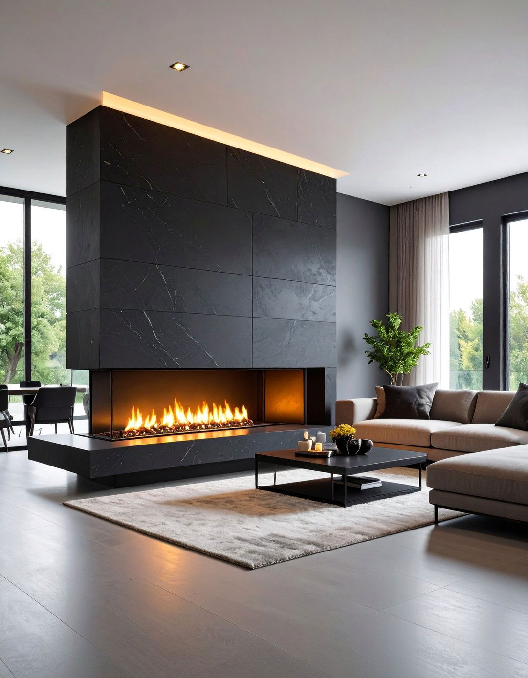 Black Stone Fireplace with Multi Level Design - 25 Black Stone Fireplace Ideas