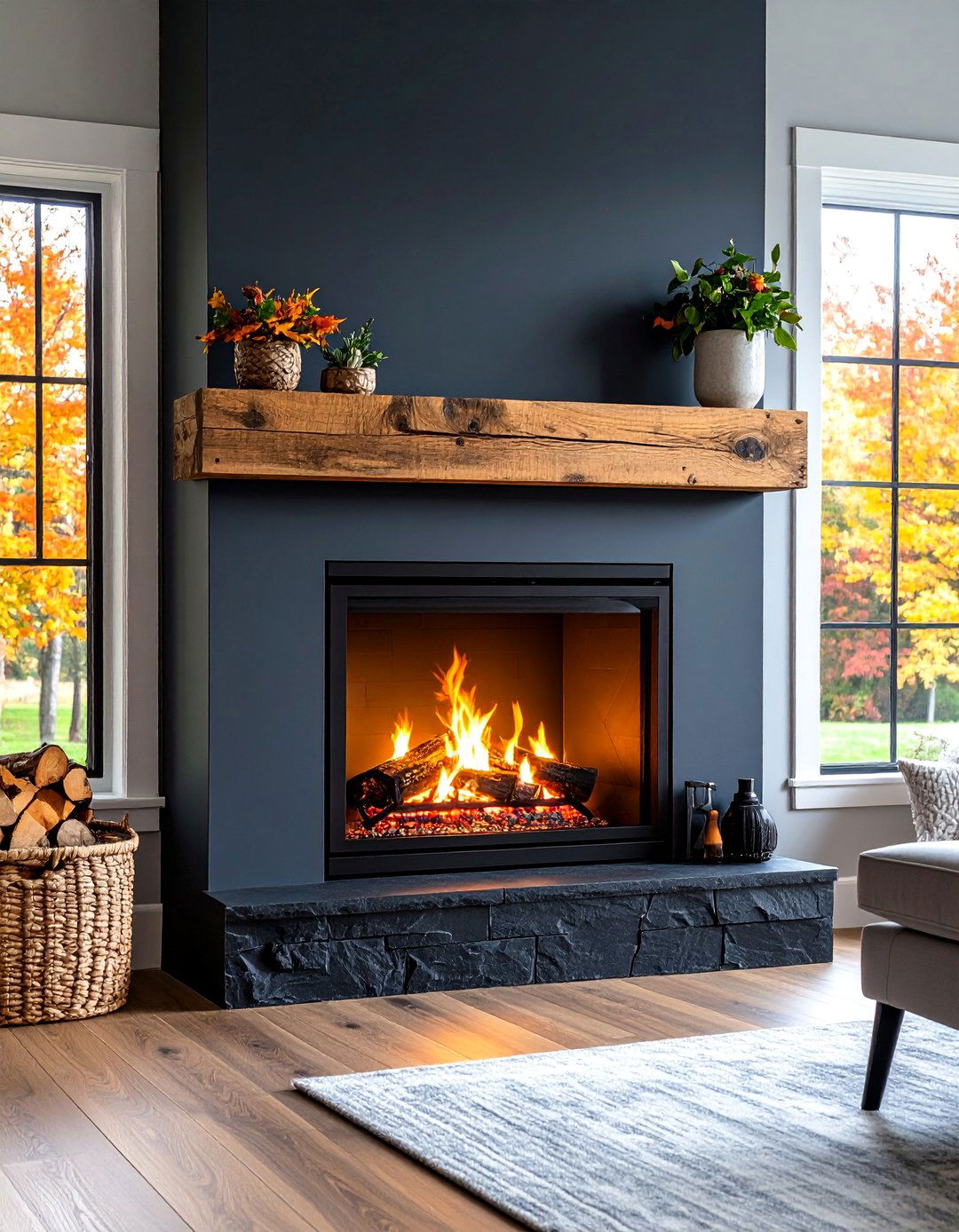 Black Stone Fireplace with Rustic Wood Combination - 25 Black Stone Fireplace Ideas
