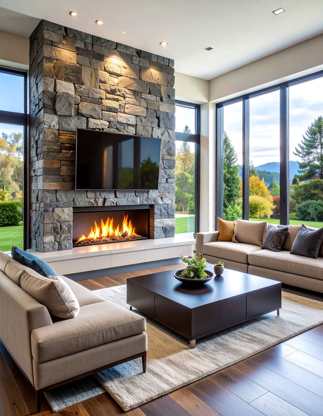 Black Stone Fireplace with Television Integration - 25 Black Stone Fireplace Ideas