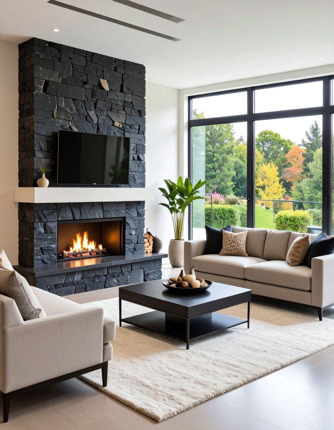 Black Stone Fireplace with Waterfall Edge Design - 25 Black Stone Fireplace Ideas