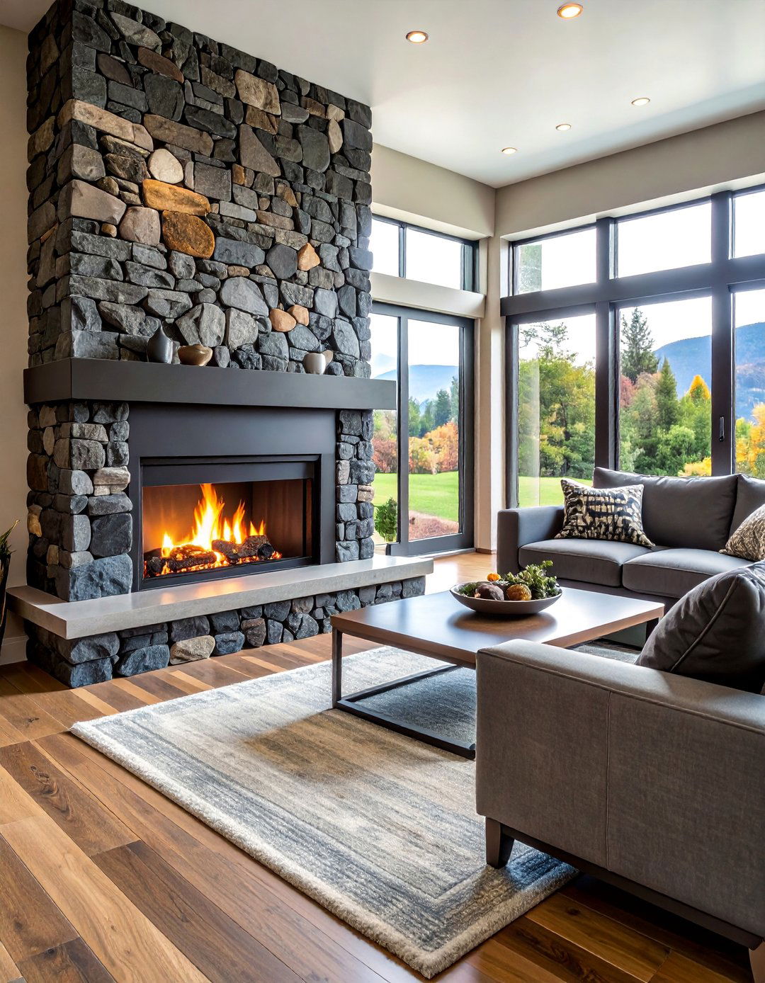 Black Stone Mosaic Fireplace Feature - 25 Black Fireplace Ideas