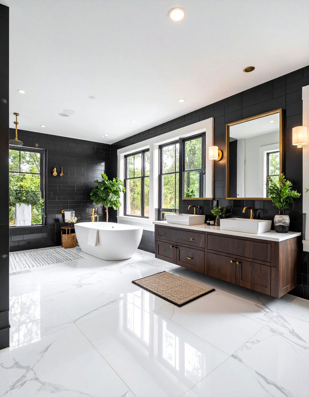Black Subway Tile Bathroom with White Contrast - 25 Dark Bathroom Ideas