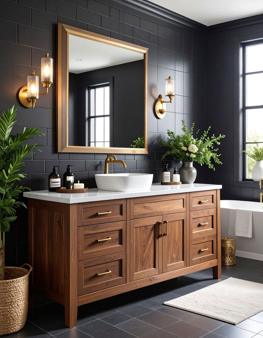 Black Subway Tiles with Brown Wood Vanity - 25 brown and black bathroom ideas