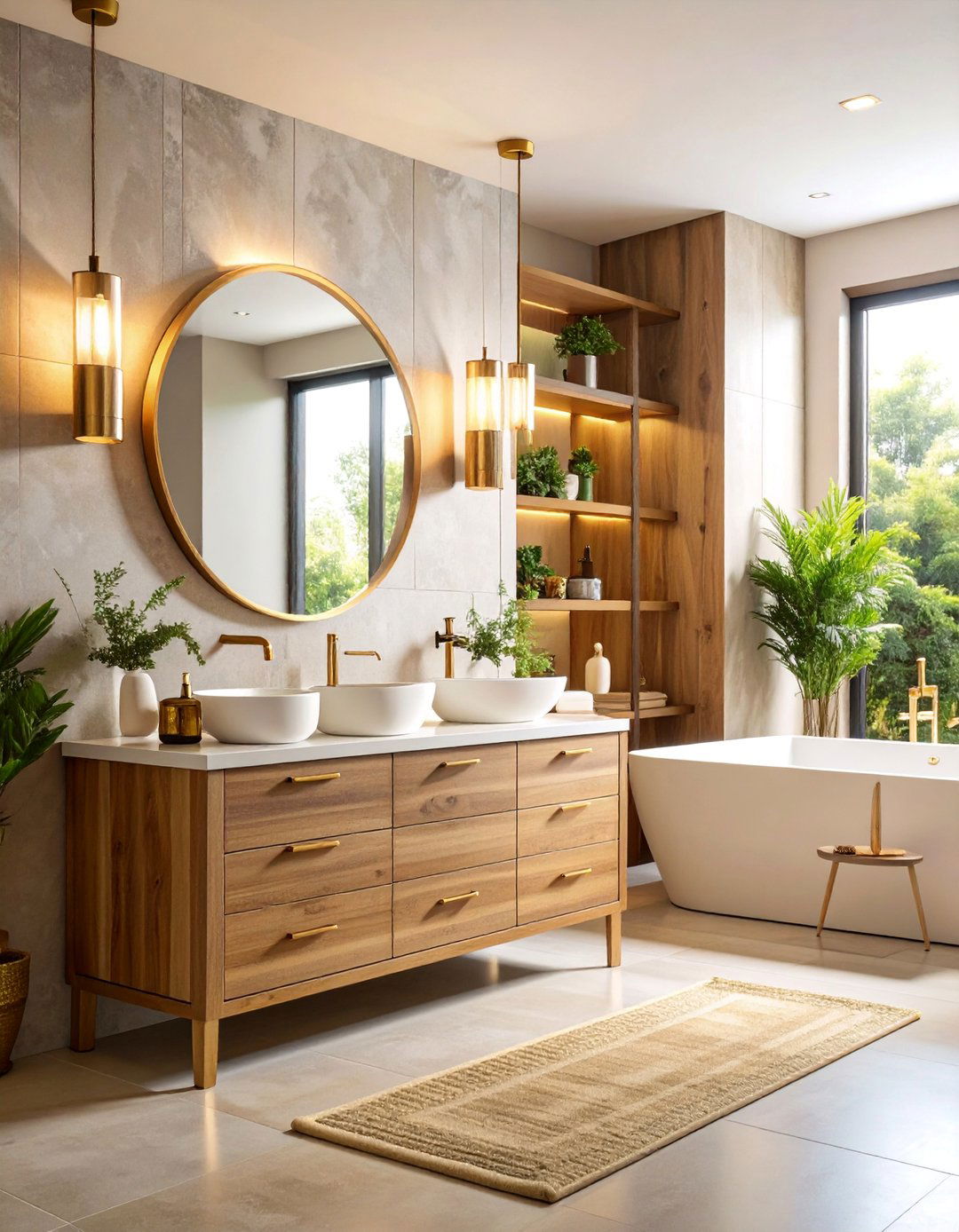 Black Vanity with Brass Hardware and Warm Wood Accents - 25 Black Vanity Bathroom Ideas