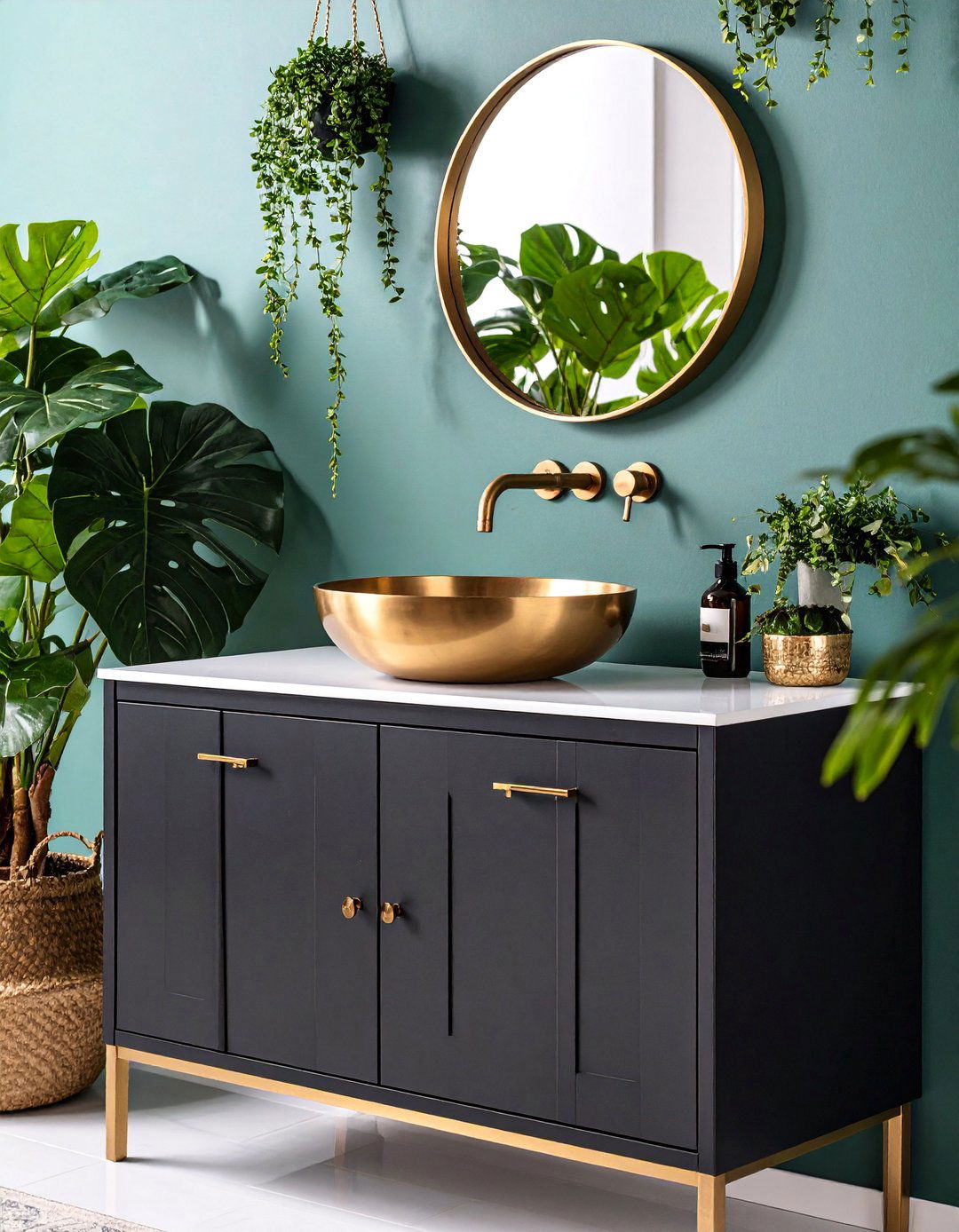 Black Vanity with Brass Vessel Sink and Wall Mount Faucet - 25 bathroom with black cabinets ideas