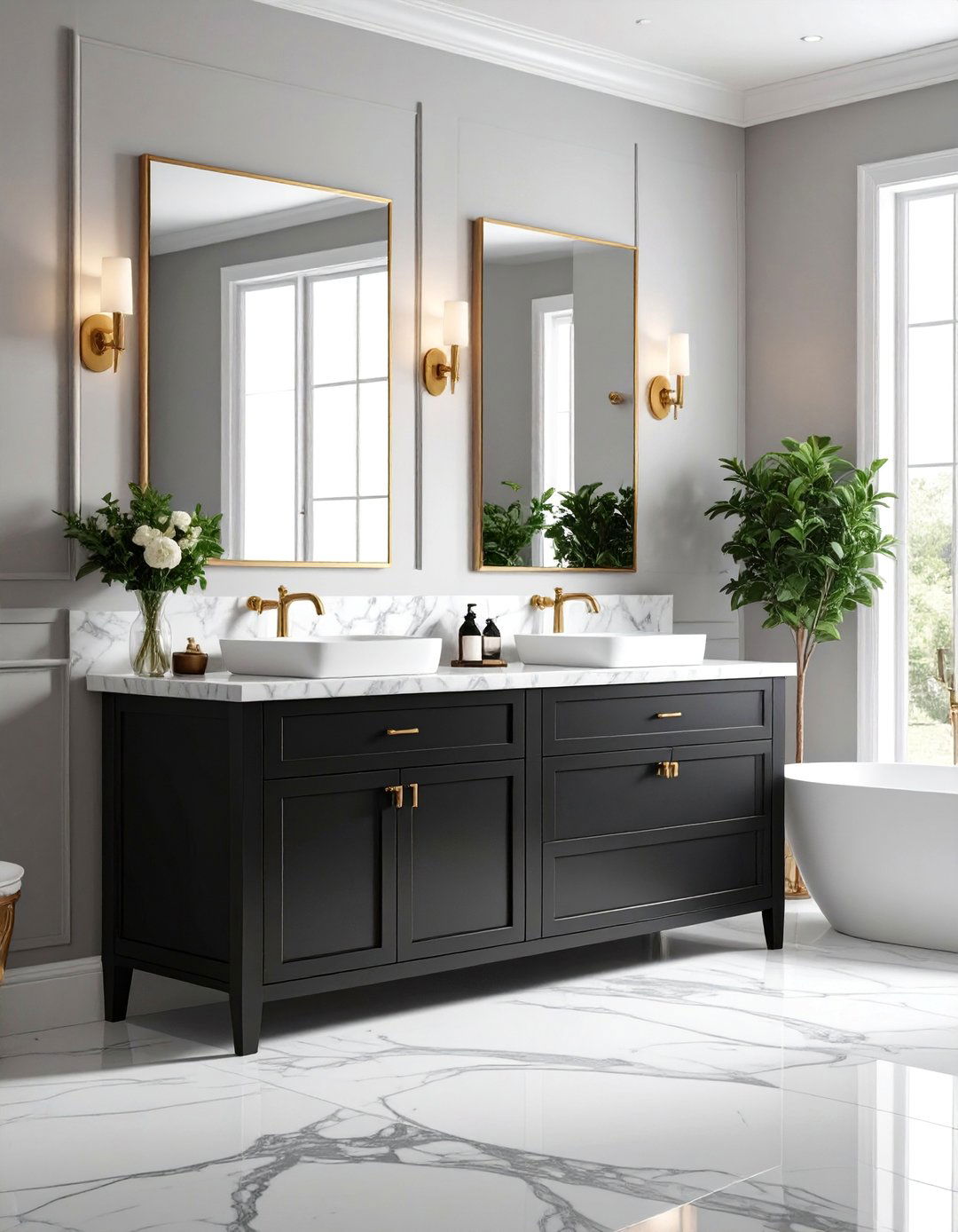 Black Vanity with Carrara Marble Countertop - 25 Black Vanity Bathroom Ideas