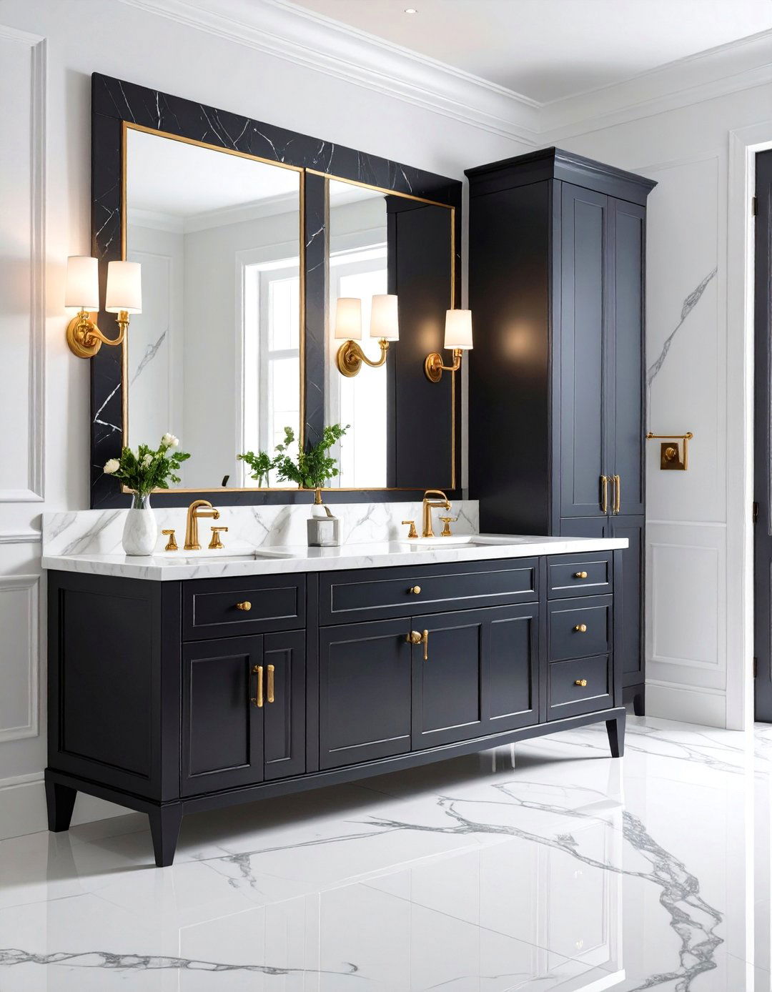 Black Vanity with Carrara Marble and Chrome Details - 25 bathroom with black cabinets ideas