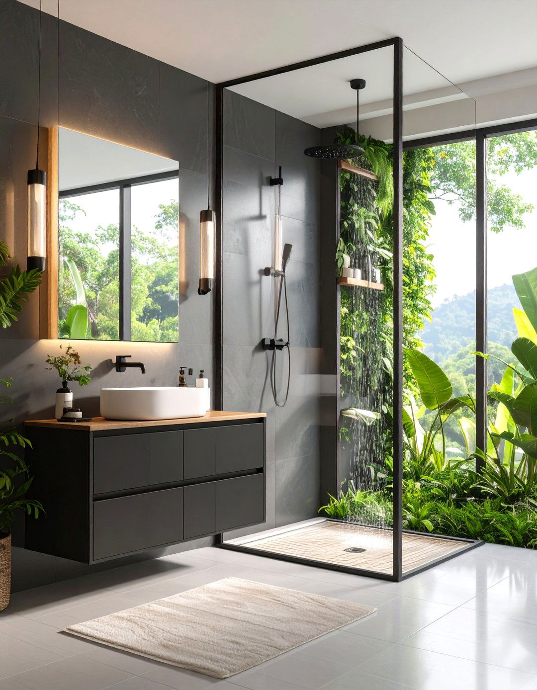 Black Vanity with Frameless Glass Shower Integration - 25 bathroom with black cabinets ideas
