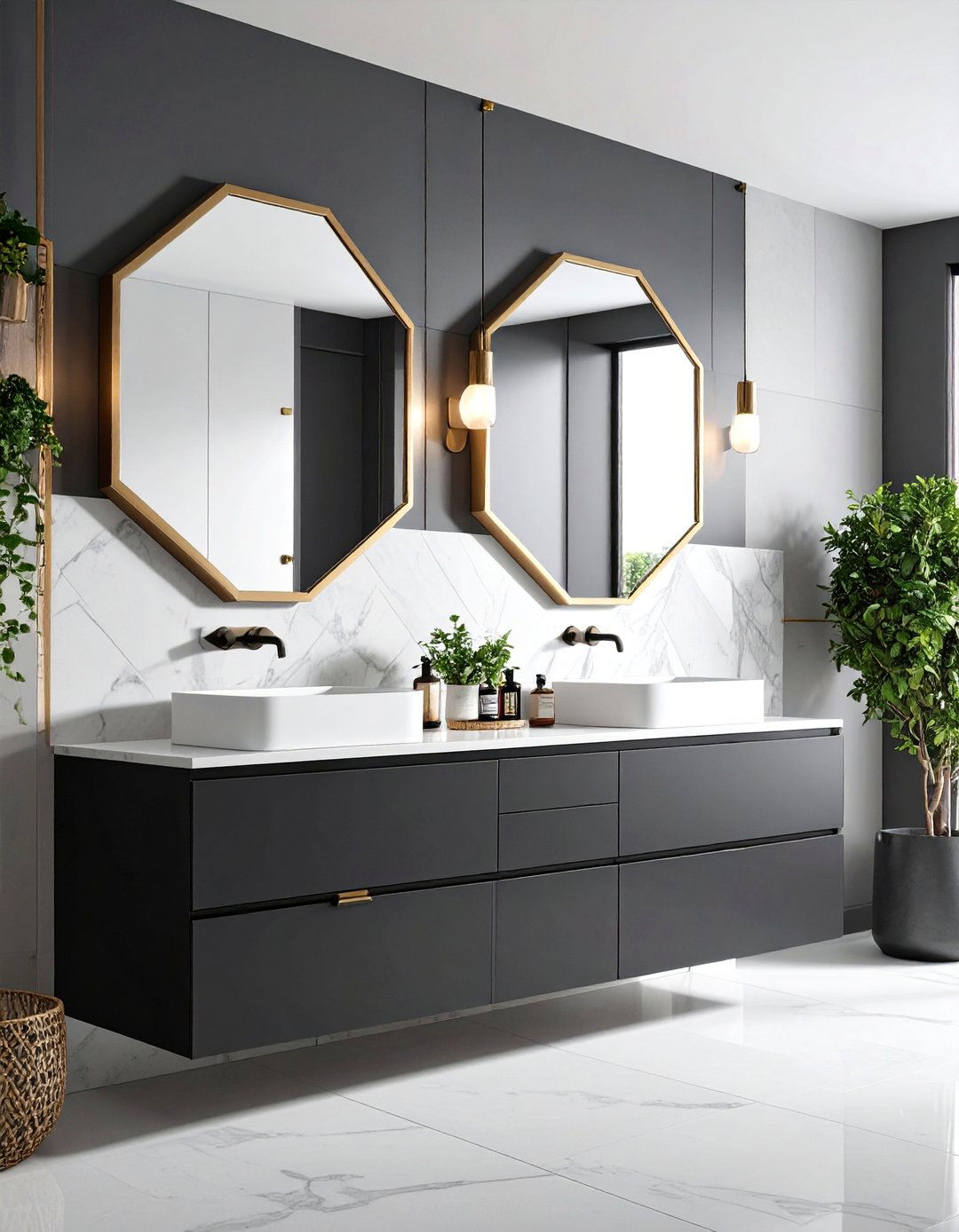 Black Vanity with Geometric Mirror and Bold Hardware - 25 Black Vanity Bathroom Ideas