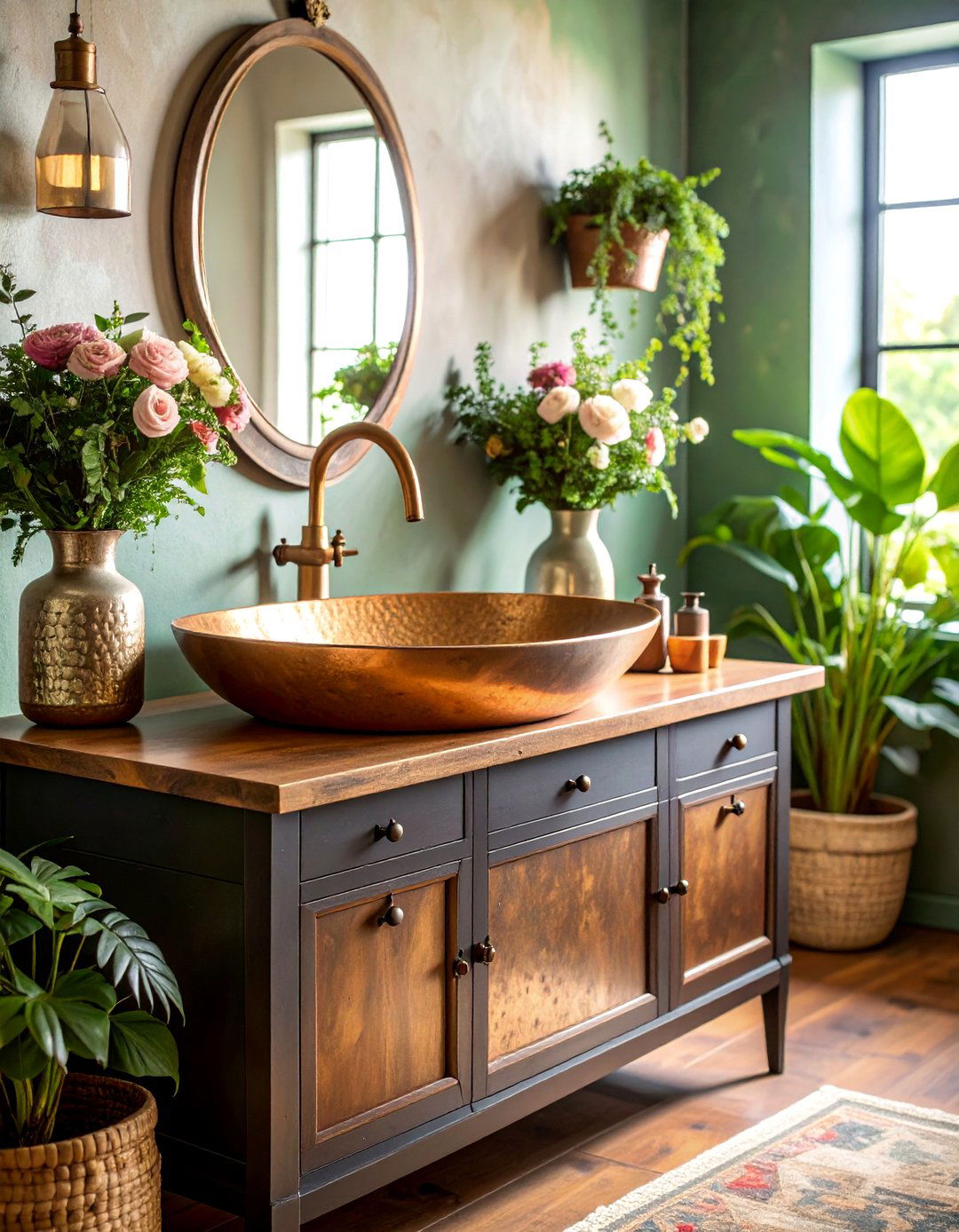 Black Vanity with Hammered Metal Sink - 25 Black Vanity Bathroom Ideas