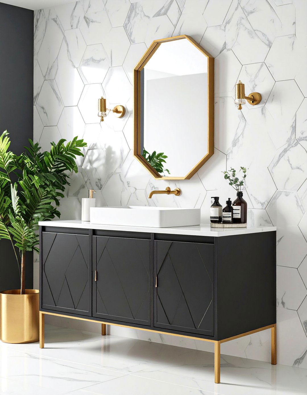 Black Vanity with Hexagonal Marble Backsplash - 25 bathroom with black cabinets ideas