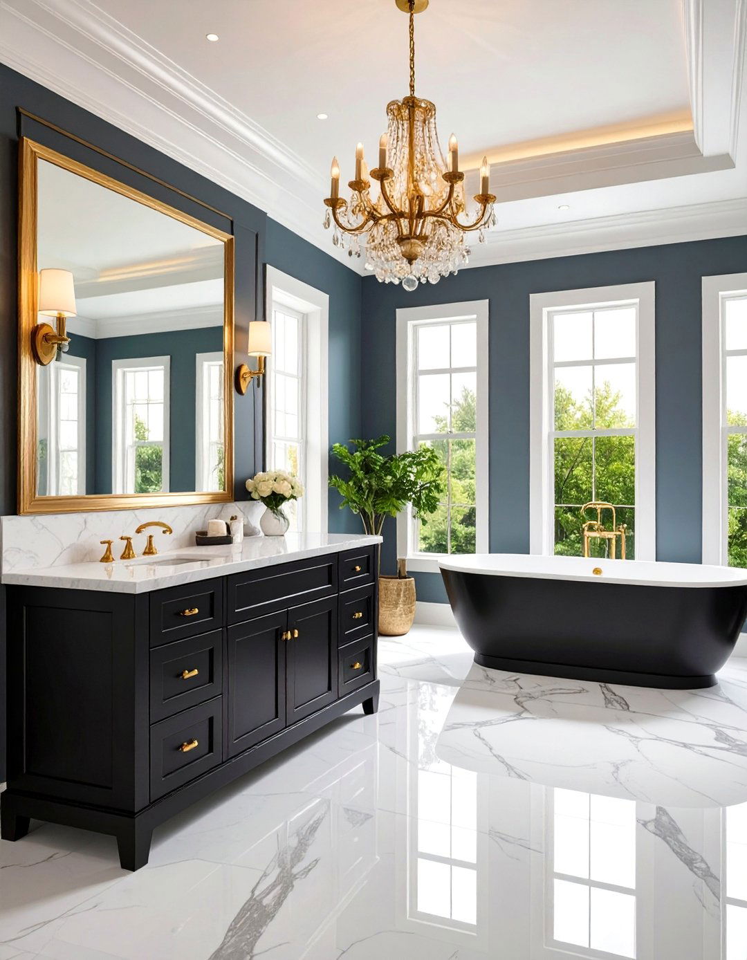 Black Vanity with Marble Backsplash and Crown Molding - 25 Black Vanity Bathroom Ideas