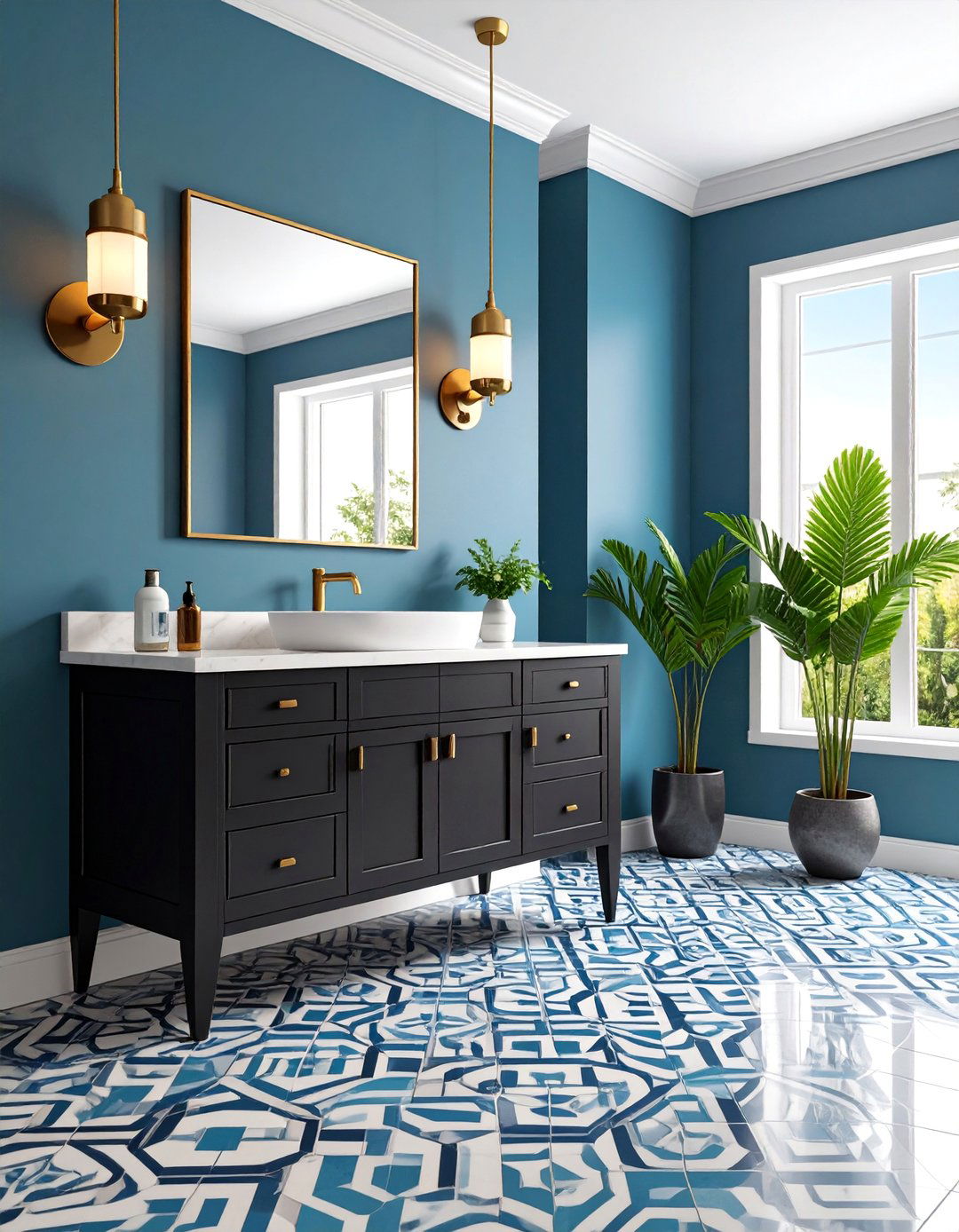 Black Vanity with Patterned Tile Flooring - 25 bathroom with black cabinets ideas