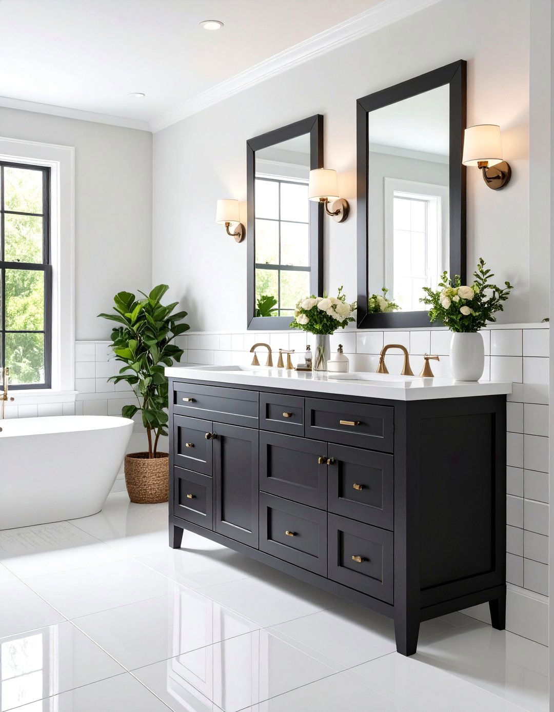 Black Vanity with Subway Tile and Classic Details - 25 Black Vanity Bathroom Ideas