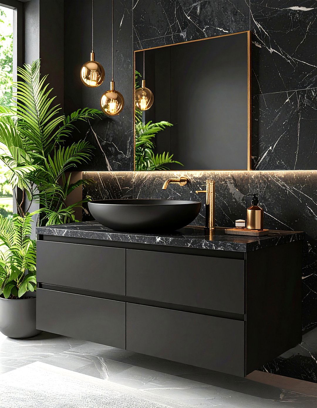 Black Vanity with Vessel Sink and Stone Backsplash - 25 Black Vanity Bathroom Ideas