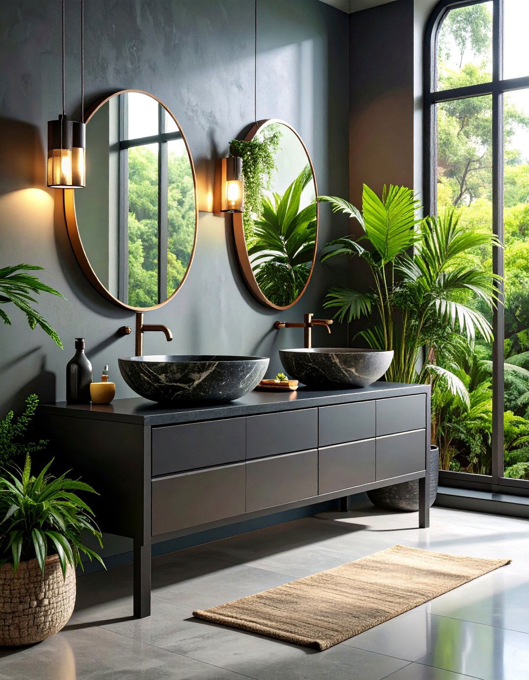 Black Vanity with Vessel Sinks and Natural Stone - 25 bathroom with black cabinets ideas