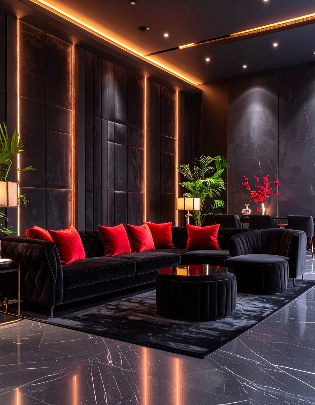 Black Velvet Lounge with Red Accents - 25 Red and Black Wedding Ideas