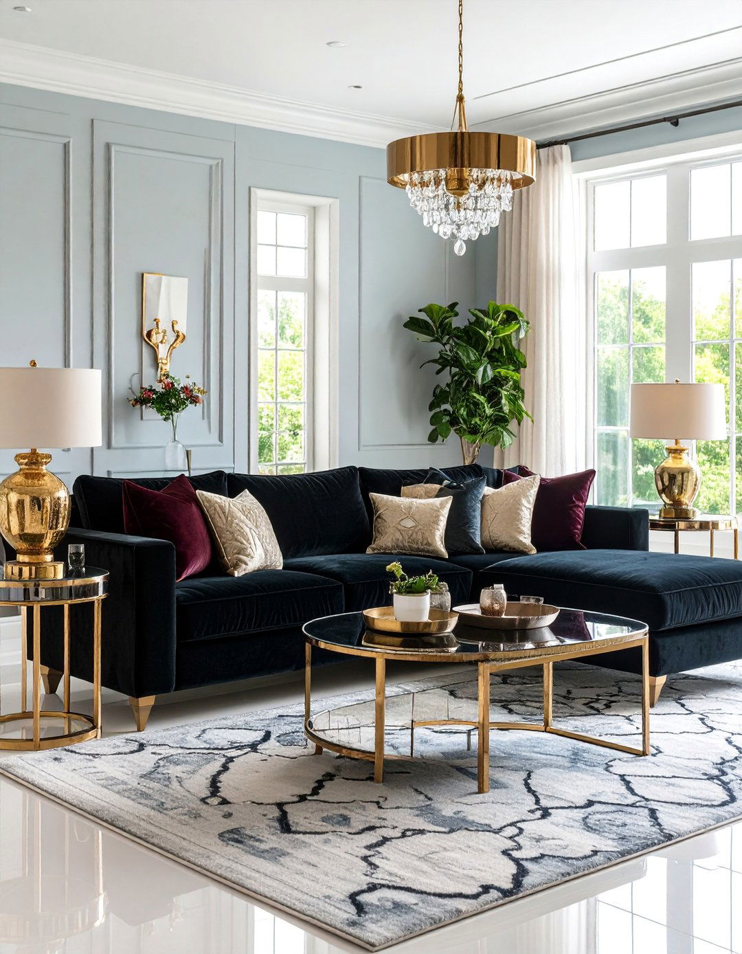 Black Velvet Sectional with Vintage Brass Accents - 25 Black Couch Living Room Ideas