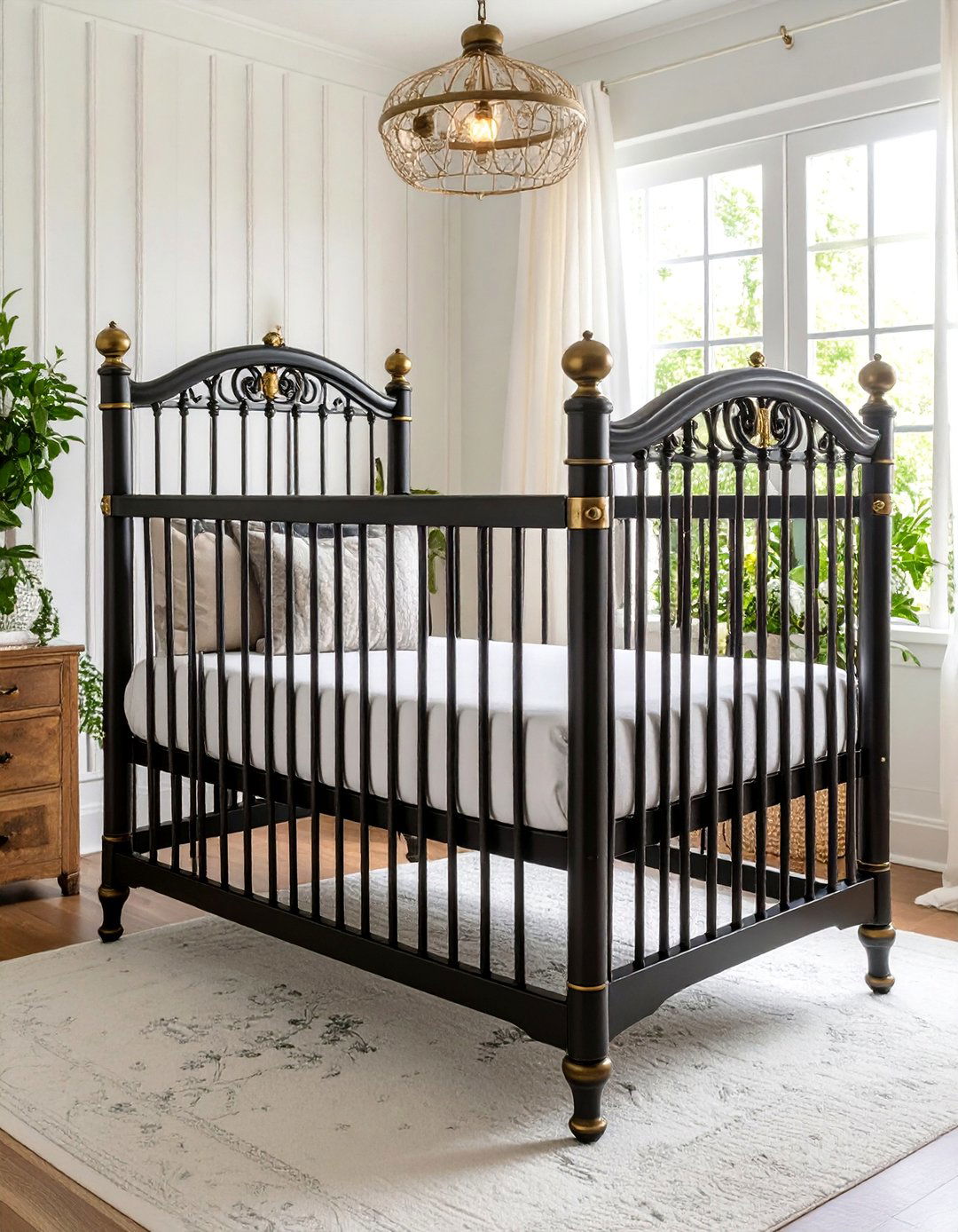 Black Vintage Crib with Brass Accents - 25 Black Nursery Ideas