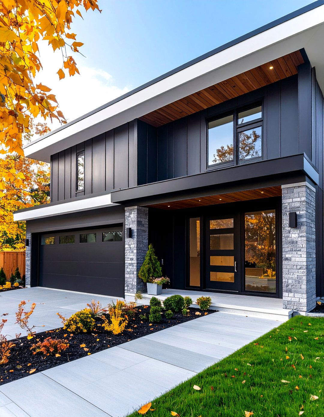 Black Vinyl with Gray Brick Modern Statement - 25 Vinyl Siding and Brick Combinations