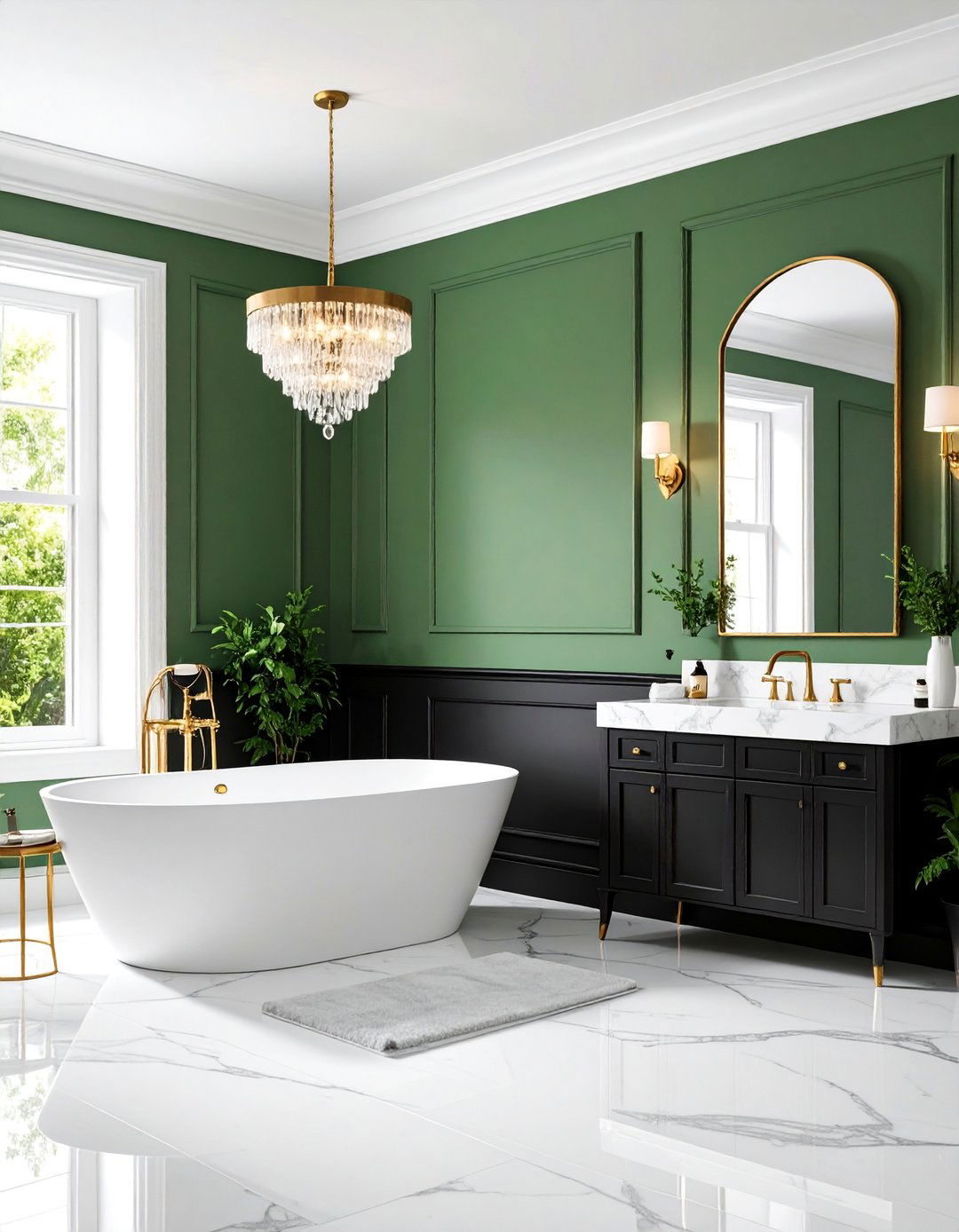 Black Wainscoting with Green Upper Walls - 25 black, white and green bathroom ideas