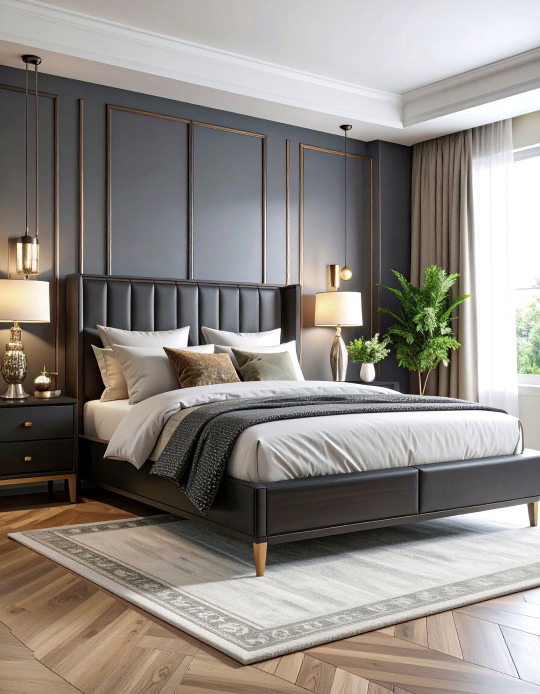 Black Wood Grain with Silver Metal Inlay Design - 25 Black and Silver Bedroom Ideas